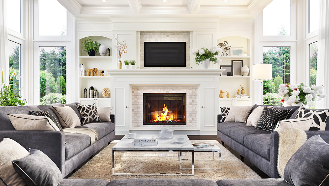 Luxurious interior design living room and fireplace in a beautif